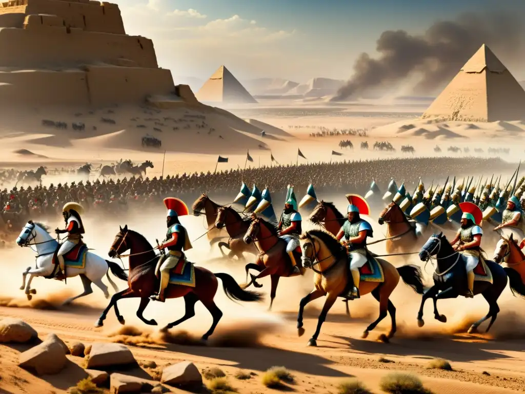 Épica batalla de Qadesh: choque entre egipcios y hititas Épica ilustración sepia de la Batalla de Qadesh: choque de fuerzas egipcias y hititas en el desierto