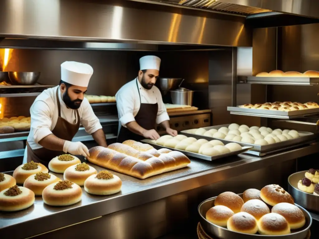 Panadería persa tradicional: arte en la elaboración de postres Un bullicioso horno tradicional persa donde se elaboran postres con destreza y dedicación, envuelto en una cálida luz sepia
