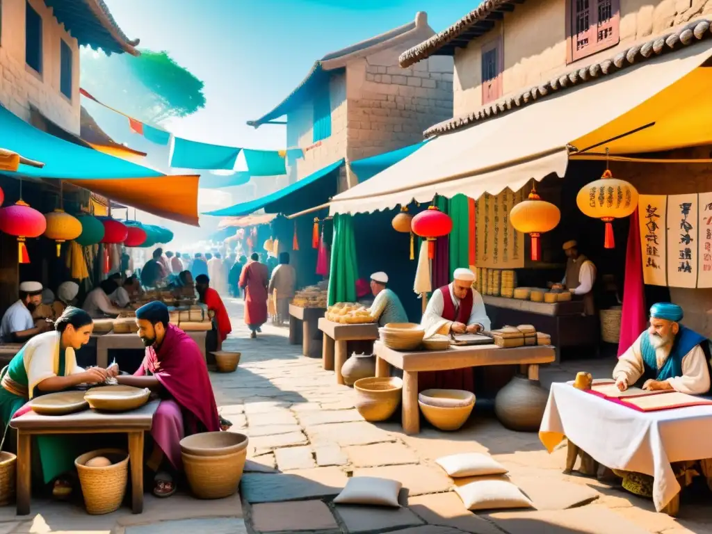 Mercado antiguo: intercambio multicultural y escritura comercial Un bullicioso mercado antiguo donde comerciantes de diferentes tierras intercambian bienes y regatean bajo coloridos toldos