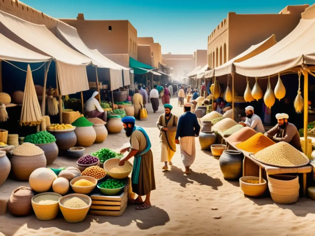 Mercado mesopotámico: escena detallada y vibrante de la vida antigua Un bullicioso mercado antiguo de Mesopotamia con vendedores y productos coloridos