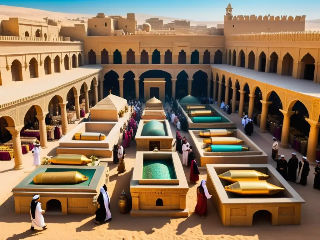 Mercado de antigüedades funerarias en el Medio Oriente Un bullicioso mercado antiguo en el Medio Oriente, con vendedores de antigüedades funerarias