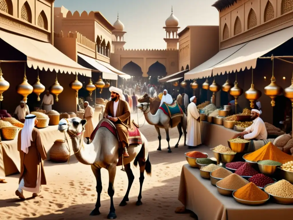 Mercado antiguo del Medio Oriente: escena vibrante en tonos sepia Un bullicioso mercado antiguo en Oriente Medio, con comerciantes regateando, camellos y arquitectura ornamental