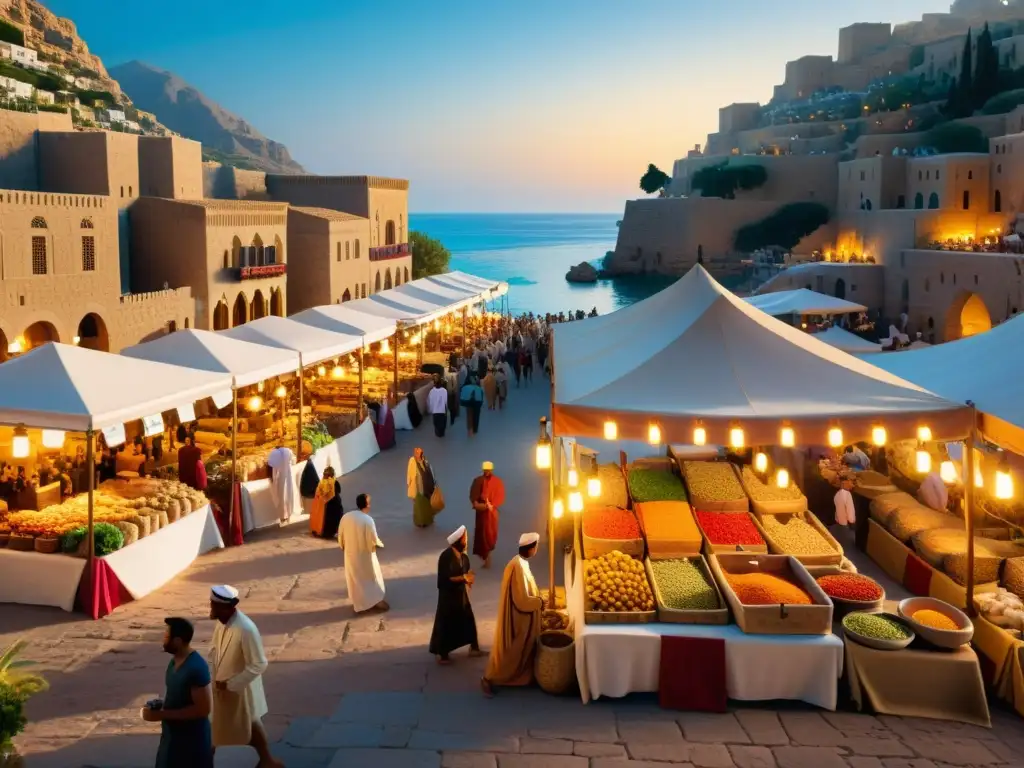 Mercado Fénicio: Intercambio cultural y comercio en imagen 8k Un bullicioso mercado fenicio a lo largo del Mediterráneo, con comerciantes y mercancías bajo el cálido sol