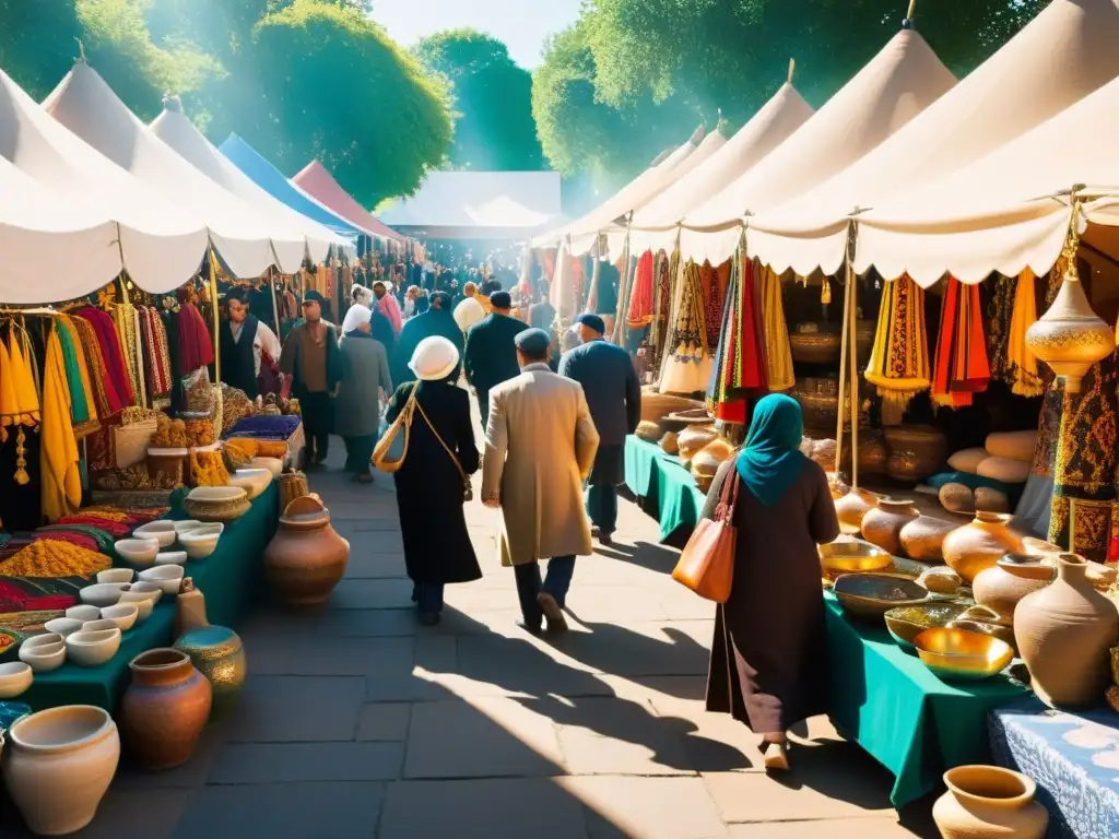 Un bullicioso mercado en la feria con arte zoroástrico, artesanías y vestimenta persa