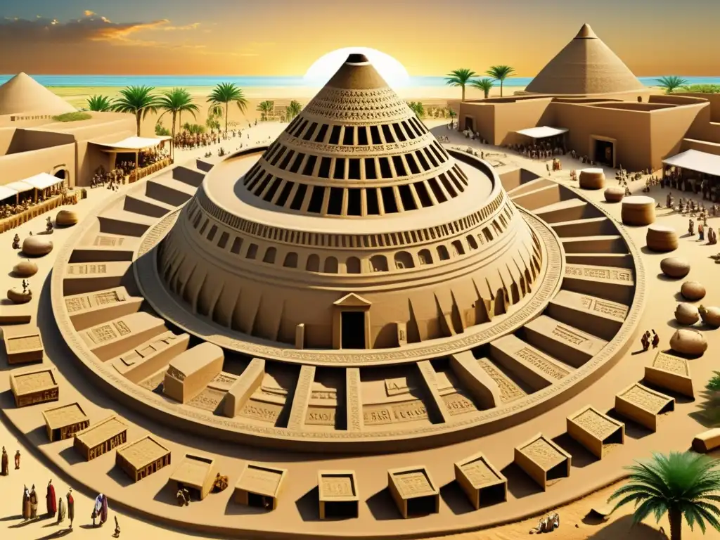 Ilustración sepia de un bullicioso mercado sumerio con innovaciones tecnológicas, rueda central y ziggurats
