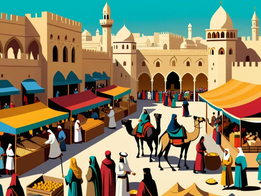 Mercados medievales en Oriente Medio durante las Cruzadas Ilustración sepia de bulliciosos mercados medievales en Medio Oriente durante las Cruzadas