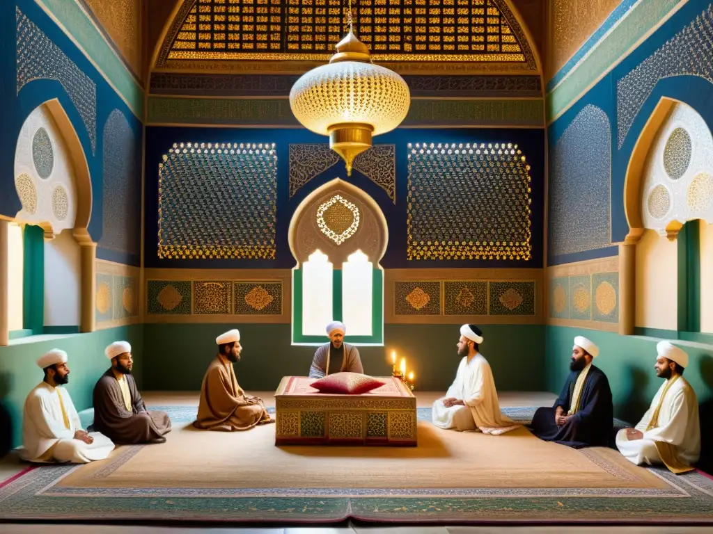 Los Cuatro Califas del Islam: Sabiduría y Liderazgo en Oriente Cuatro califas del Islam temprano en una reunión majestuosa, rodeados de luces cálidas y detalles árabes