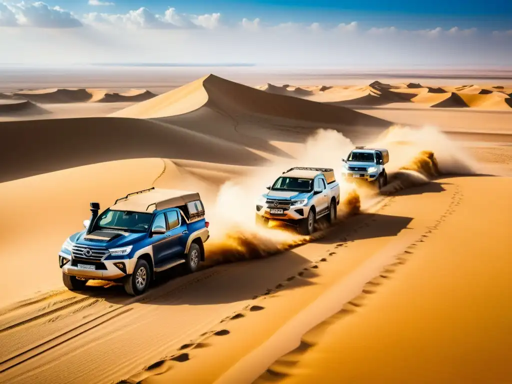 Una caravana de vehículos todoterreno modernos recorre el vasto desierto egipcio, mostrando innovaciones en transporte egipcio desierto