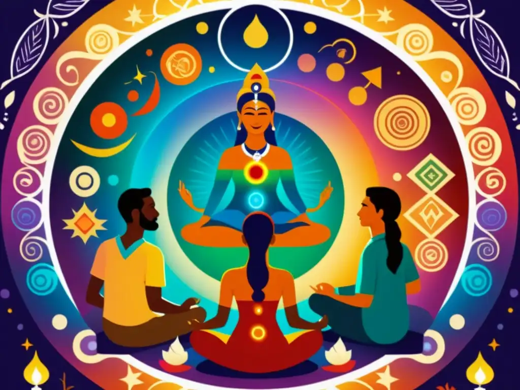 Un círculo de curanderos fenicios en sesión de chakras, rodeados de energía mística