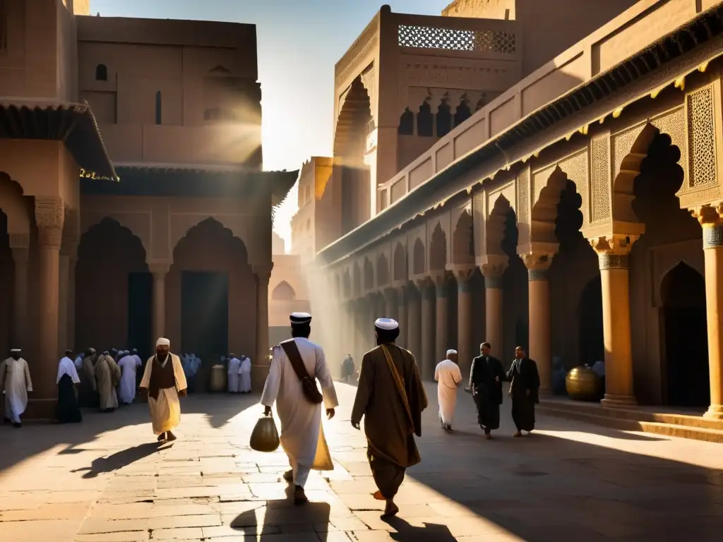 Una ciudad antigua del Medio Oriente bulliciosa con espías y comerciantes intercambiando mensajes secretos al atardecer