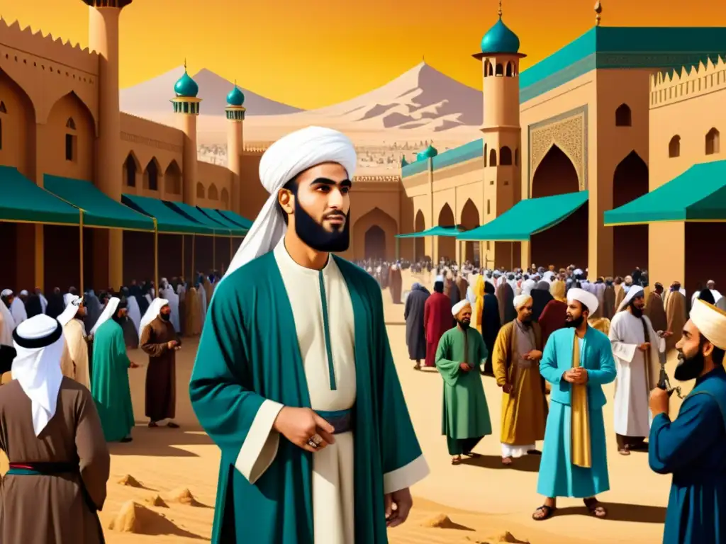 Ali ibn Abi Talib: Líder en el mercado islámico Figura clave de la consolidación del Islam temprano: ilustración detallada de Alí ibn Abi Talib en un bullicioso mercado antiguo del desierto