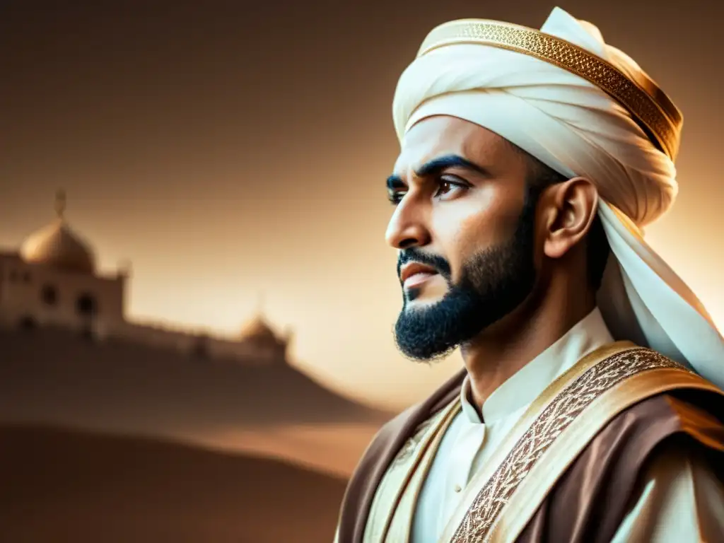 Umar ibn alKhattab: Líder islámico en la antigua Arabia Figura clave de la consolidación del Islam temprano: Umar ibn alKhattab, segundo califa, con mirada sabia y determinación, en un mercado de Arabia
