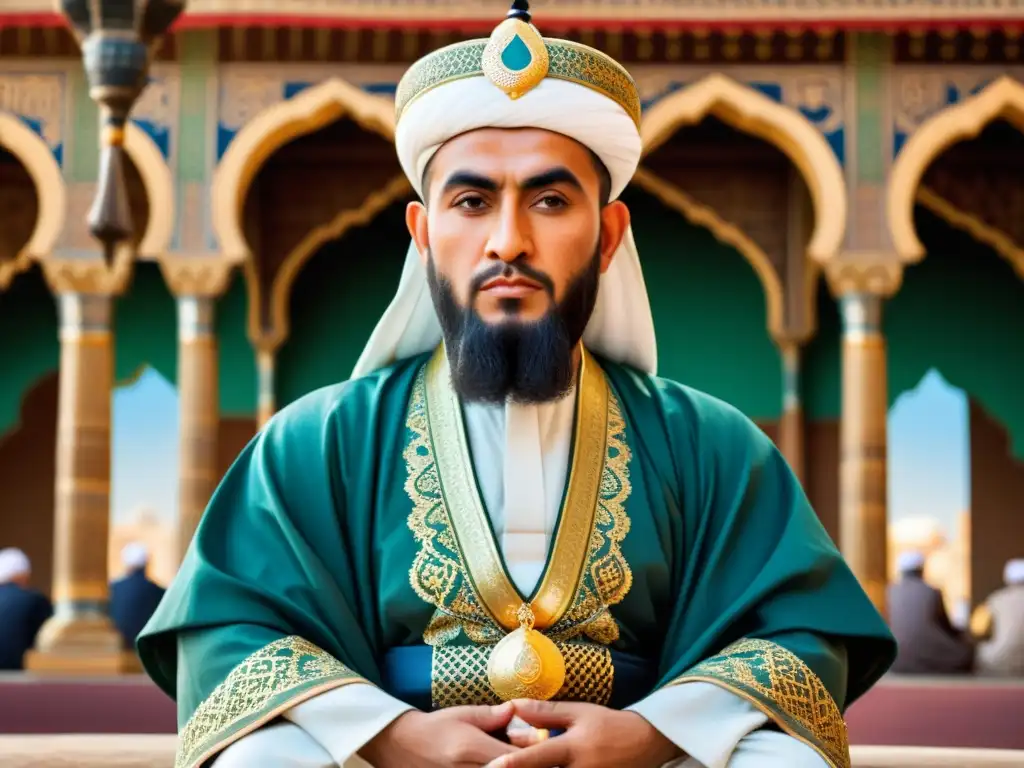Líder sabio: Uthmán ibn Affán en el mercado medieval Figura clave de la consolidación del Islam temprano: Uthmán ibn Affán, Tercer Califa, irradia liderazgo y serenidad en un mercado antiguo