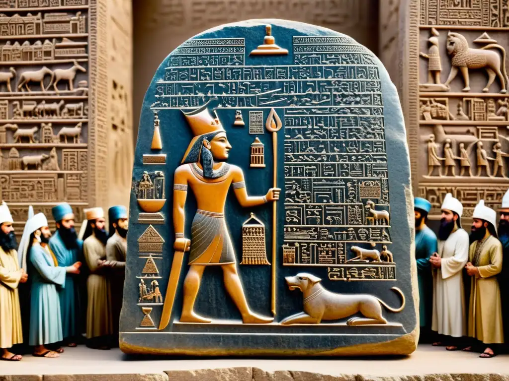 Intrincada ilustración sepia del Código de Hammurabi en una gran estela de piedra, con la palabra clave 'circuito legal antigua Babilonia'