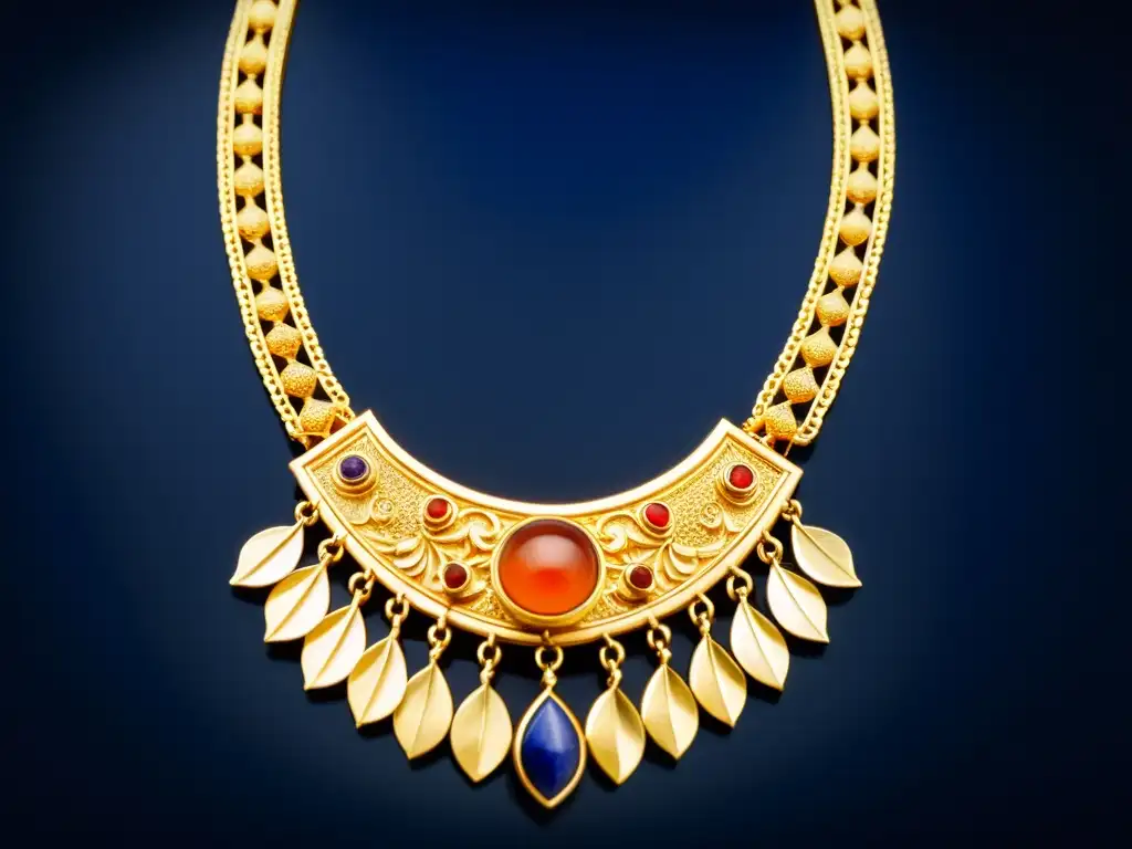 Collar sumerio de oro y piedras preciosas en 8k Colgante sumerio de oro y gemas, exhibido con elegancia