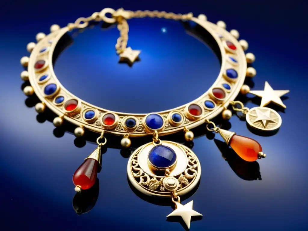 Collar dorado celestial con gemas - joyería babilónica Un collar dorado ricamente tallado con motivos celestiales y gemas vibrantes, reflejando la astrología en la joyería antigua