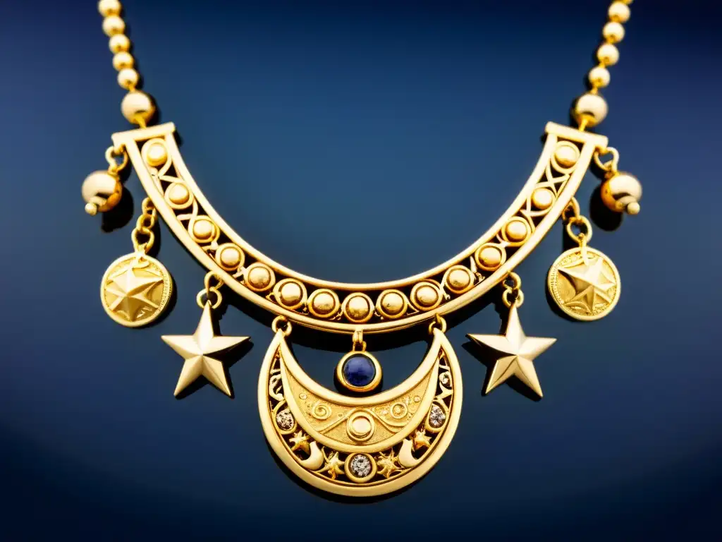 Collar fenicio con símbolos celestiales en sepia Collar fenicio con símbolos celestiales en un tono sepia, evocando la astrología en la joyería antigua