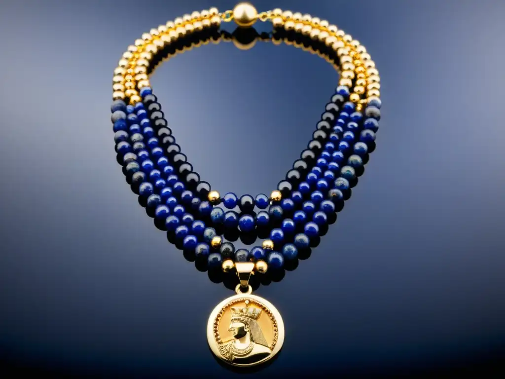 Collar sumerio de lapislázuli y oro: elegancia ancestral Collar sumerio de lapislázuli y oro, con dios mesopotámico