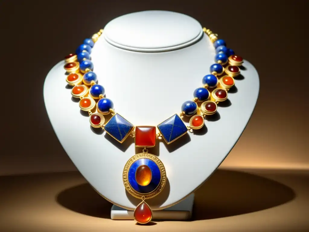 Collar sumerio de oro con gemas: historia y misterio Collar sumerio de oro con lapislázuli y cornalina bajo luz tenue, resaltando la artesanía en tonos sepia