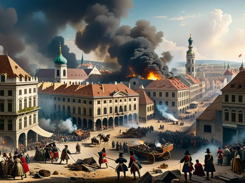 Devastación tras el Asedio de Viena en 1683: ciudad en ruinas Consecuencias del Sitio de Viena en 1683: ciudad devastada, civiles exhaustos, soldados otomanos retrocediendo