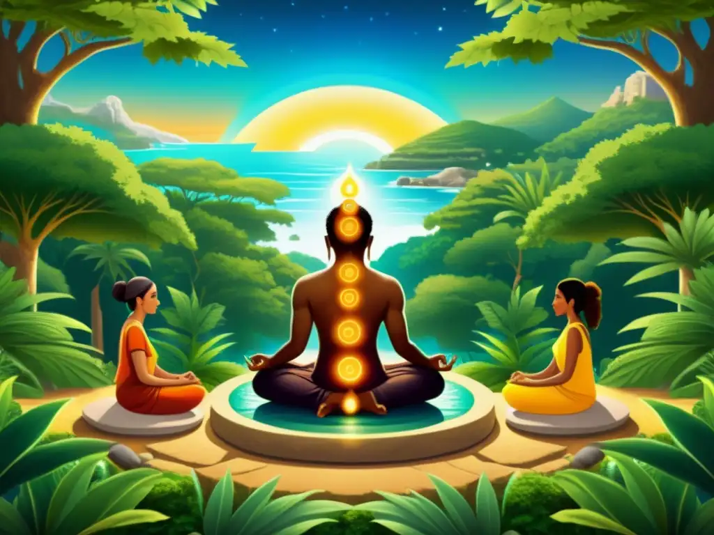 Curanderos fenicios en prácticas de chakras, transmiten sabiduría ancestral en entorno sereno y espiritual