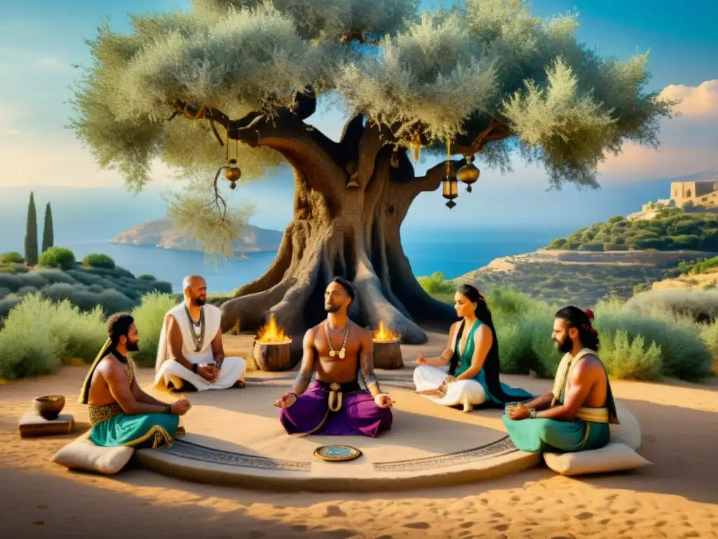 Curanderos fenicios realizando ritual de chakrabalancing bajo olivos ancestrales