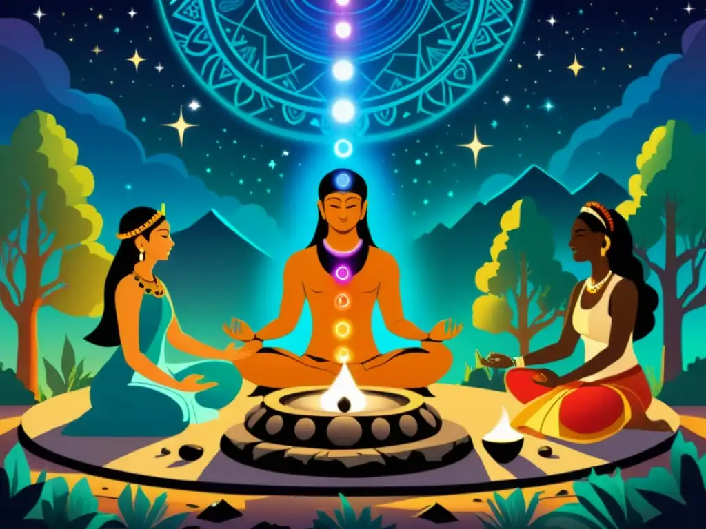 Curanderos fenicios realizan ritual para equilibrar chakras en bosque estrellado