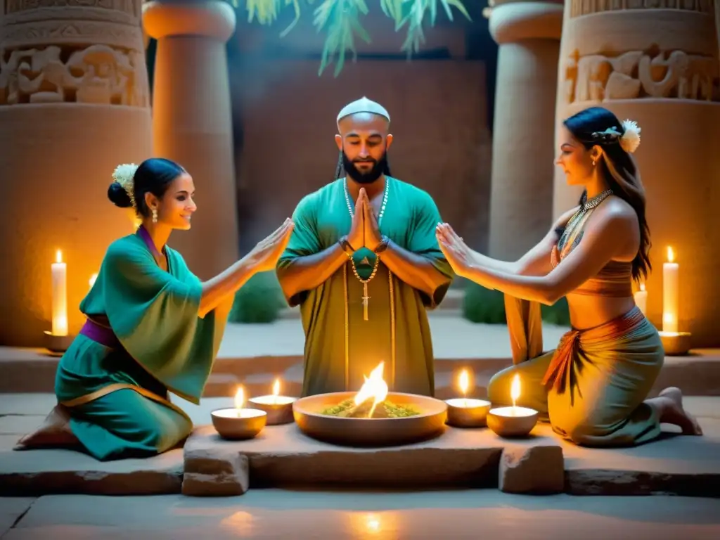 Curanderos fenicios realizando ritual de equilibrio de chakras en templo antiguo con velas y hierbas aromáticas