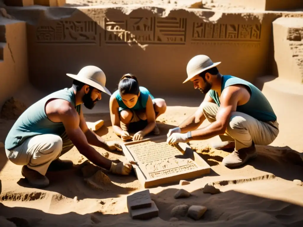 Excavación meticulosa de tablilla cuneiforme en ruinas mesopotámicas Desciframiento de escritura cuneiforme en ruinas arqueológicas de Mesopotamia
