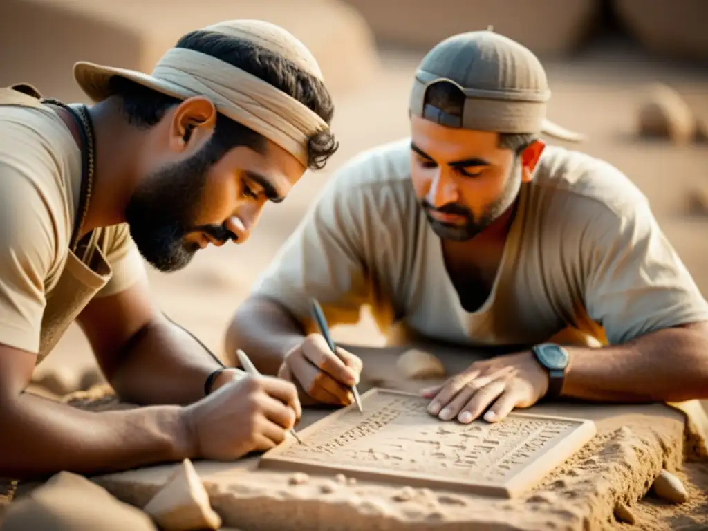 Excavación de tabletas cuneiformes: historia en sepia Desciframiento de escritura cuneiforme en ruinas arqueológicas: arqueólogos excavando antigua tablilla mesopotámica
