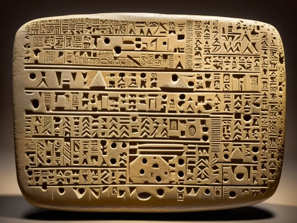 Tableta cuneiforme mesopotámica: detalle histórico y enigma arqueológico Desciframiento de la escritura cuneiforme en una tableta Mesopotámica antigua, rodeada de herramientas arqueológicas