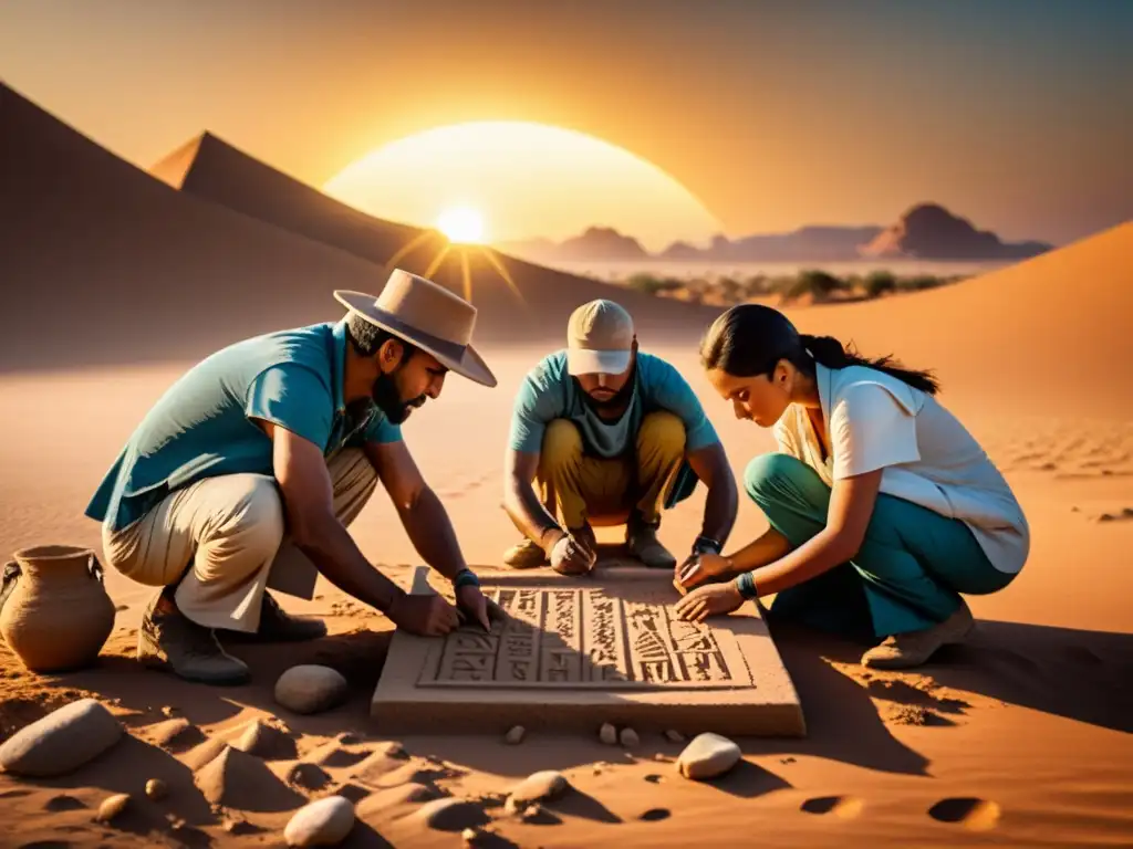 Excavación de cuneiformes al atardecer: historia y descubrimiento Desciframiento de escritura cuneiforme en yacimientos arqueológicos al atardecer en el desierto