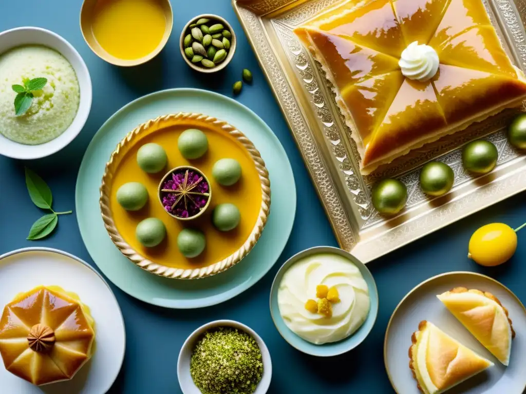 Dulces persas exquisitamente detallados: baklava, helado de azafrán y más Despliegue opulento de postres tradicionales Persia: baklava, helado de azafrán, arroz con rosas y pasteles de pistacho en sepia detallado