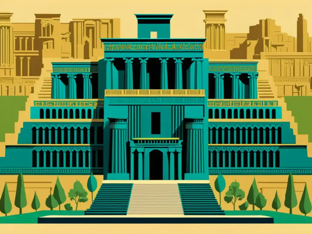 Ilustración detallada sepia de la antigua ciudad de Persepolis, con magníficas columnas y escaleras hacia el Palacio de Apadana
