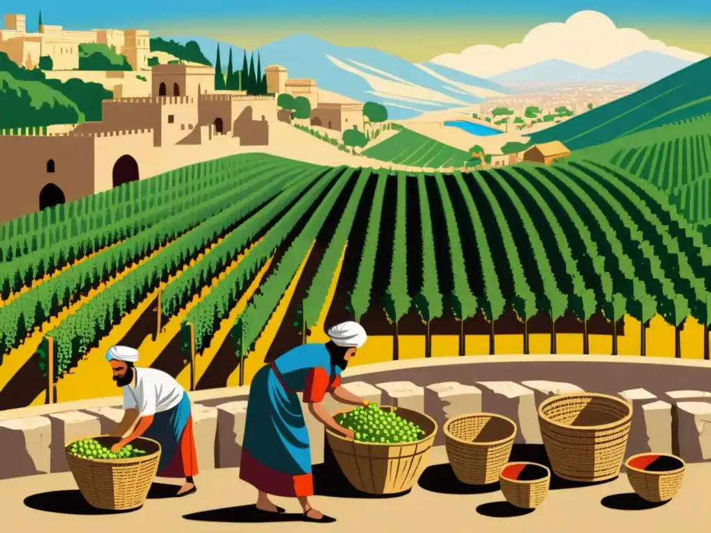 Escena ancestral de cosecha y elaboración de vino en Persia Ilustración detallada en sepia de la antigua vinificación en Persia, con viñedos en terrazas, vendimiadores y palacio persa al atardecer