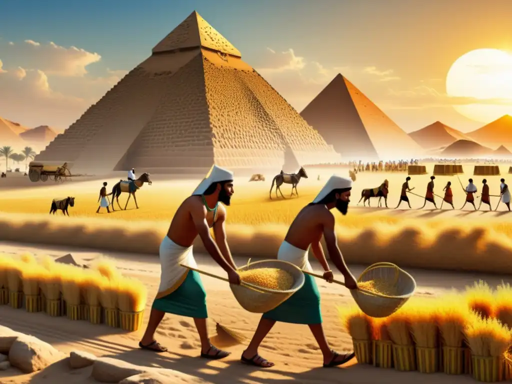 Egipto antiguo: Cosecha de cebada cerca de las pirámides Ilustración detallada en sepia en 8k de antiguos trabajadores egipcios cosechando cebada bajo el sol, con la Gran Pirámide de Giza de fondo