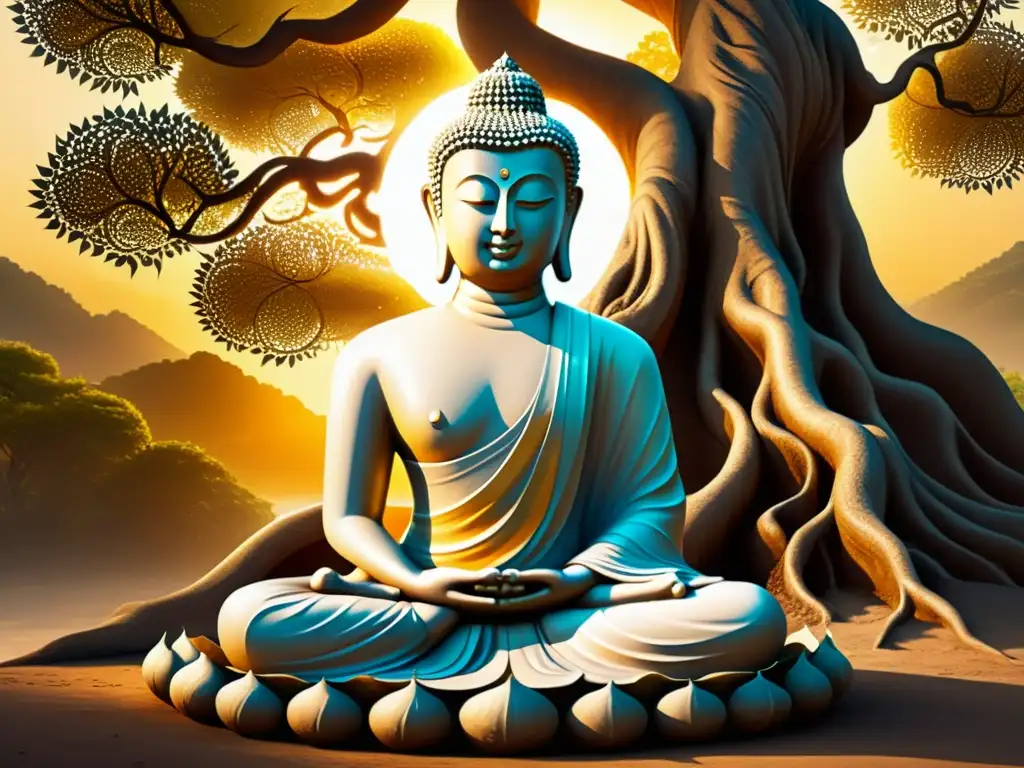 Ilustración sepia de Buda meditando bajo un árbol Bodhi Ilustración sepia detallada de Buda meditando bajo el árbol Bodhi, rodeado de patrones espirituales