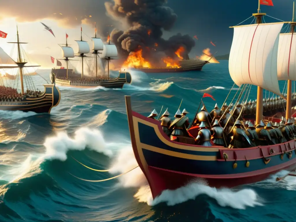 Batalla naval de Salamina: épica confrontación entre persas y griegos Ilustración detallada de la Batalla de Salamina entre flotas persas y griegas, con Xerxes liderando, reflejando la tensión histórica