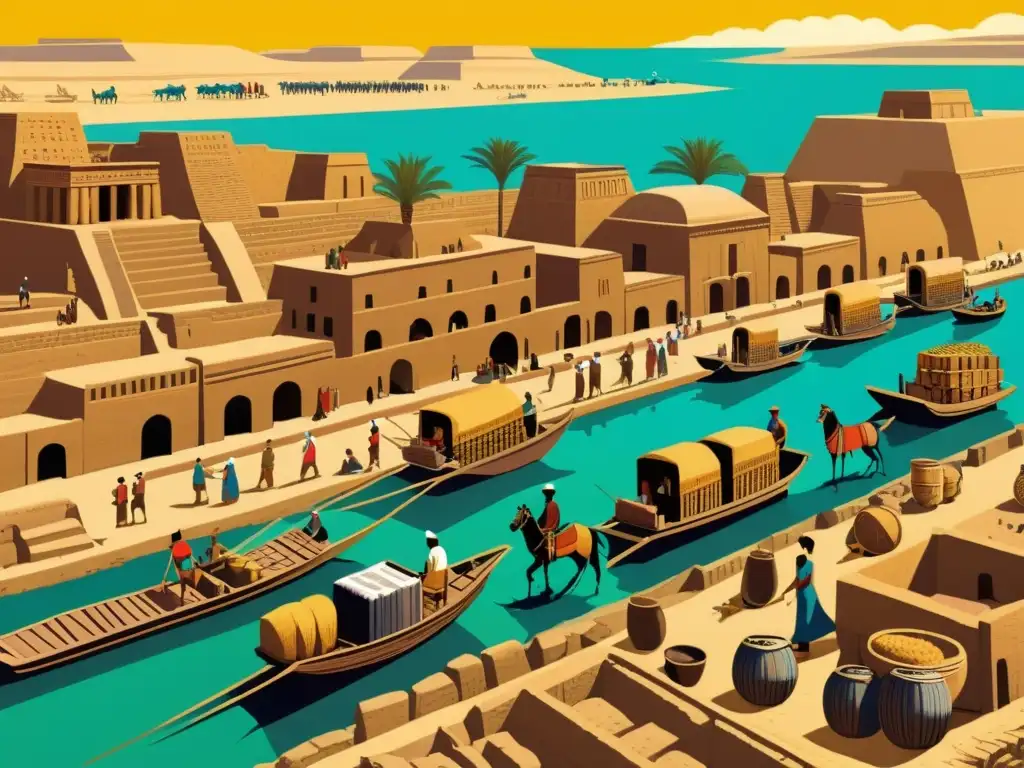 Ilustración sepia detallada de una bulliciosa ciudad sumeria con carros de ruedas de arcilla, comerciantes y barcos fluviales