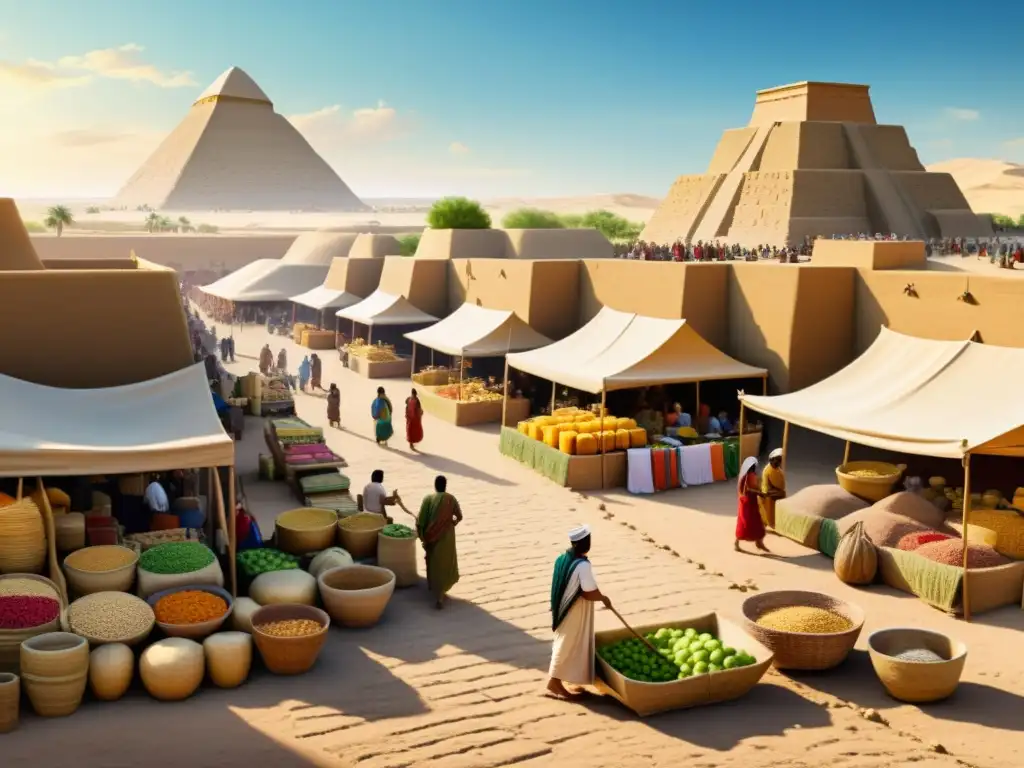 Mercado mesopotámico: ilustración detallada en sepia Ilustración detallada en sepia de un bullicioso mercado mesopotámico antiguo, con vendedores y productos