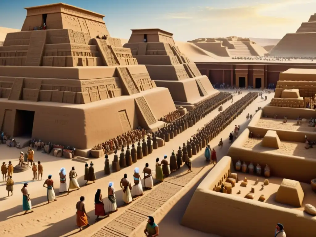 Mercado sumerio ancestral: vida cotidiana entre ziggurats Recreación detallada del bullicioso mercado sumerio con tabletas de barro y cuneiforme