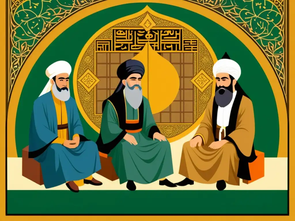 Los cuatro califas del Islam: ilustración histórica Ilustración sepia detallada de los cuatro califas del Islam en un escenario majestuoso y histórico