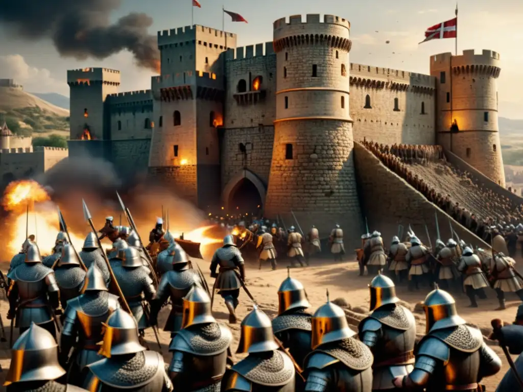 Ilustración detallada de un castillo cruzado bajo asedio, reflejando la intensidad y la supervivencia de los Estados Cruzados