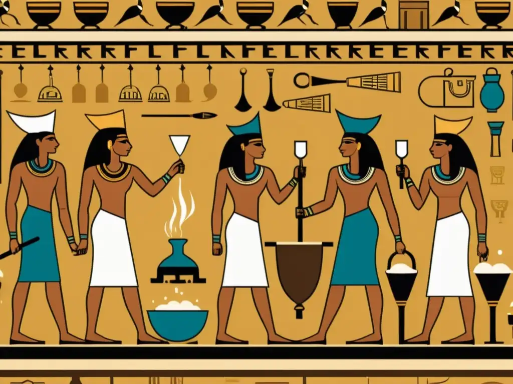 Antigua cervecería egipcia: elaboración de cerveza en hieroglífica Ilustración sepia detallada de cerveceros egipcios antiguos elaborando cerveza en una cervecería adornada con jeroglíficos
