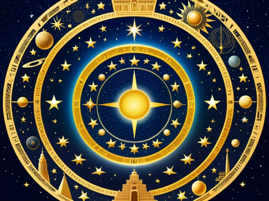 Ilustración sepia: cielo estrellado sobre Babilonia antigua Ilustración sepia detallada del cielo nocturno sobre la antigua Babilonia, con signos del zodíaco, cuerpos celestes e instrumentos astronómicos