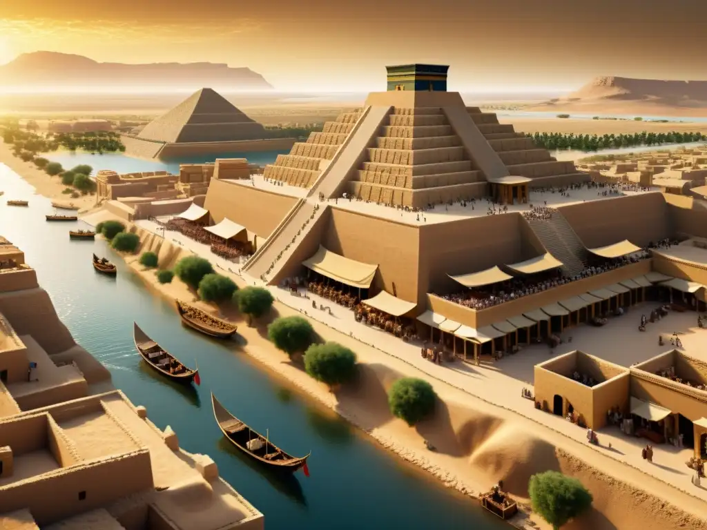 Ilustración detallada de la ciudad estado sumeria de Ur en su esplendor, con ziggurats, mercados y el río Éufrates, en tonos sepia