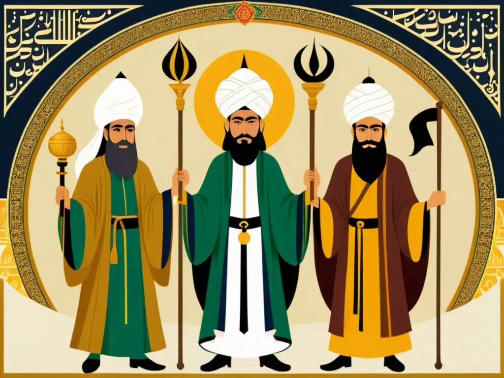Las Cuatro Figuras Clave del Islam: Abu Bakr, Umar, Uthman y Ali Ilustración detallada en sepia de las figuras clave de la consolidación del Islam temprano, con Abu Bakr, Umar, Uthman y Ali, representados con sus atributos distintivos y vestimenta
