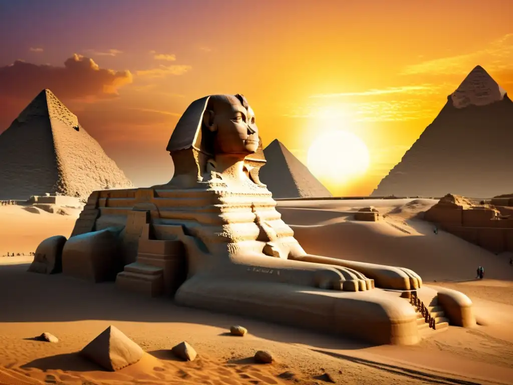 Una ilustración sepia detallada del Gran Esfinge de Giza ante un vibrante atardecer egipcio, con jeroglíficos en la base