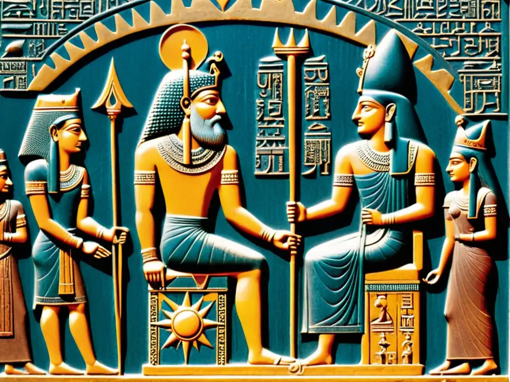 Ilustración sepia detallada de Hammurabi recibiendo el Código de Hammurabi del dios Shamash, rodeado de justicia y ley en Babilonia