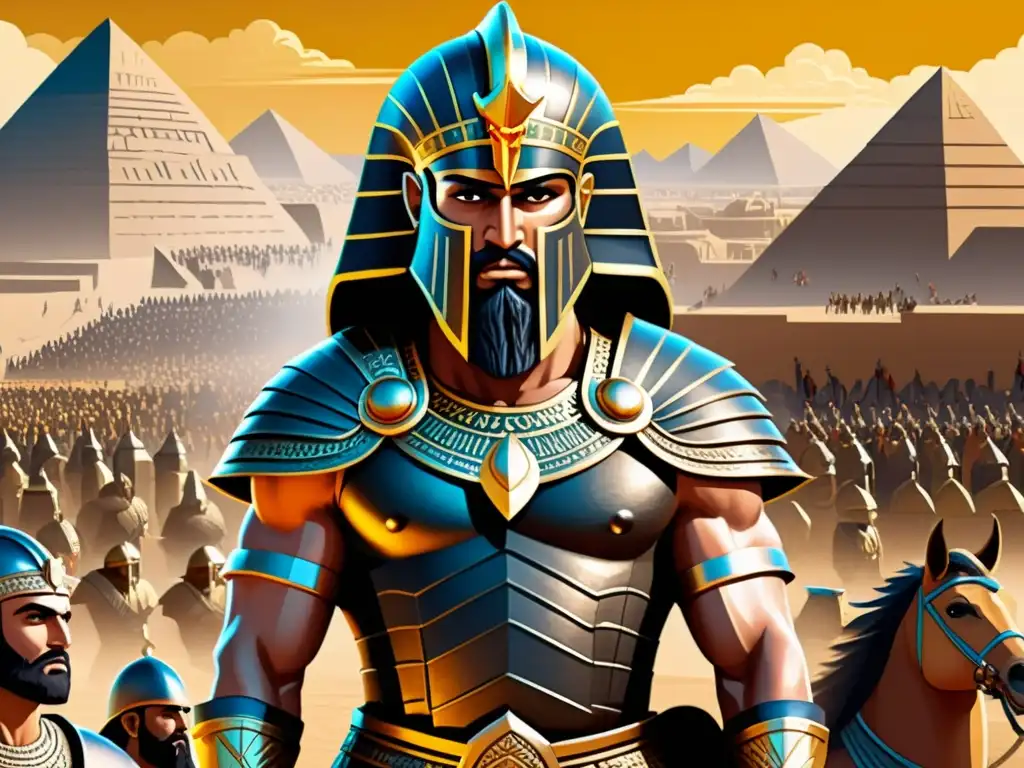 Ilustración sepia detallada del héroe legendario Gilgamesh, con armadura sumeria adornada